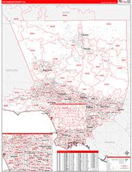 Los Angeles County, CA Wall Map Zip Code Red Line Style 2026